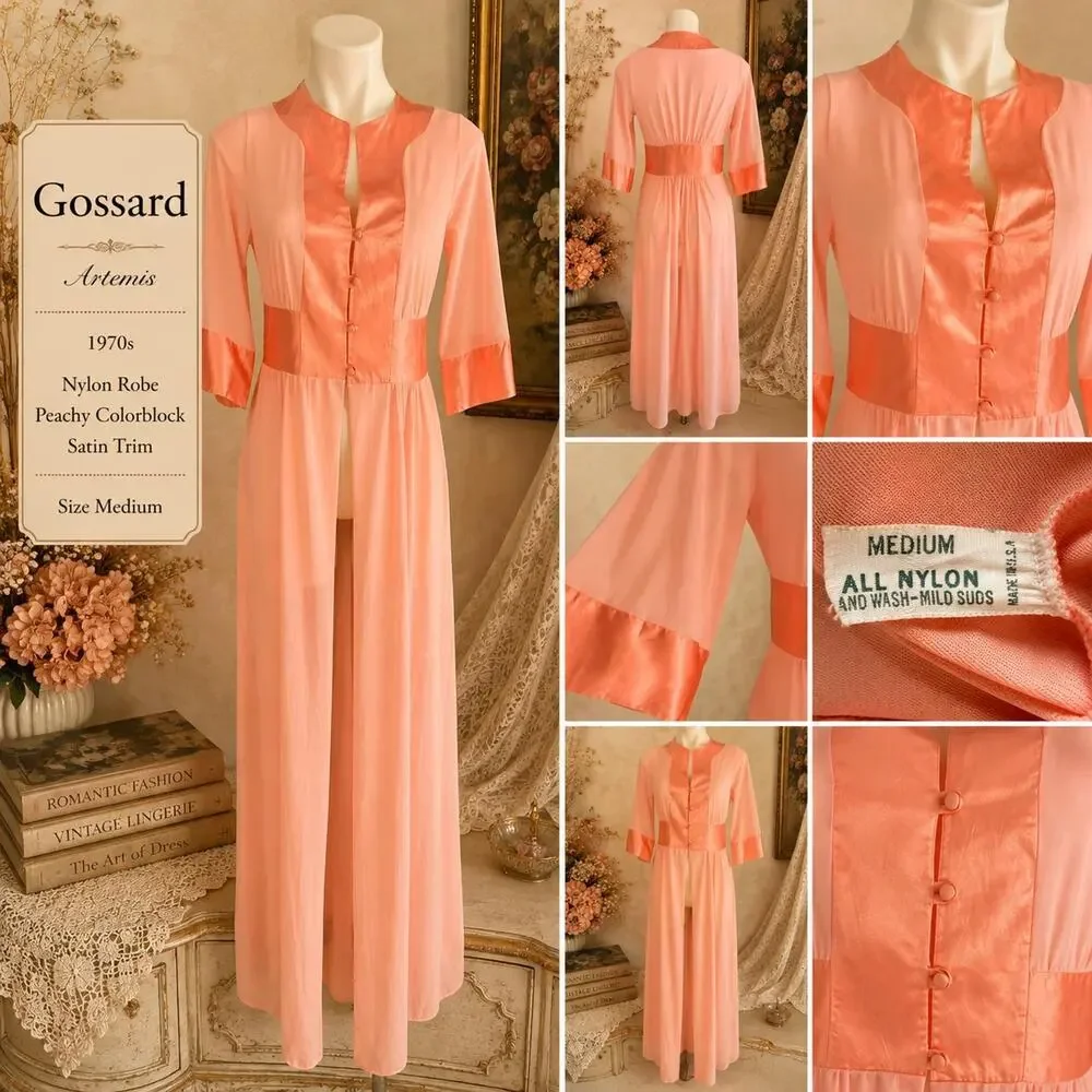Vintage Gossard Artemis Nylon Peachy Colorblock Robe 1970s Satin Trim Medium